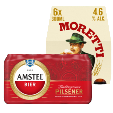 Amstel pilsener of Amstel Blond*
tray van 6 flesjes/blikken à 30/33 cl,
tray van 24 blikken à 50 cl of blik à 50 cl
of Birra Mor